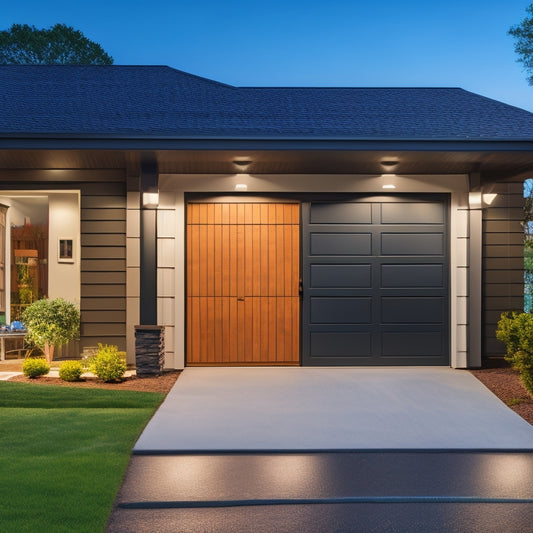 A well-lit, modern garage with a sleek, black door featuring a prominent window, surrounded by organized tools and a subtle background of a suburban neighborhood.