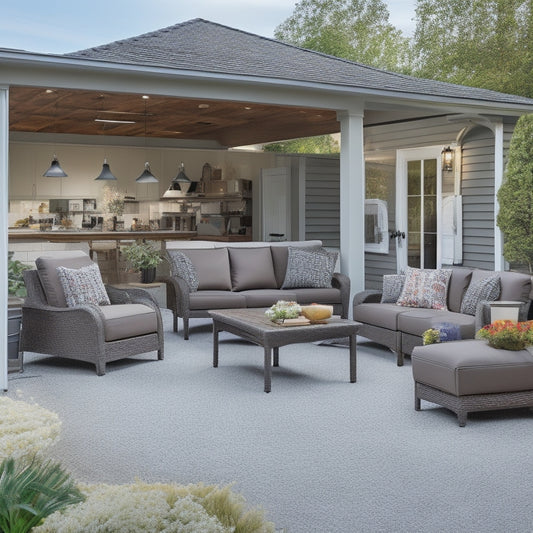 A clutter-free garage with a organized system of stacked patio furniture, including a sectional sofa, armchairs, and a coffee table, all wrapped in protective covers and secured with straps.