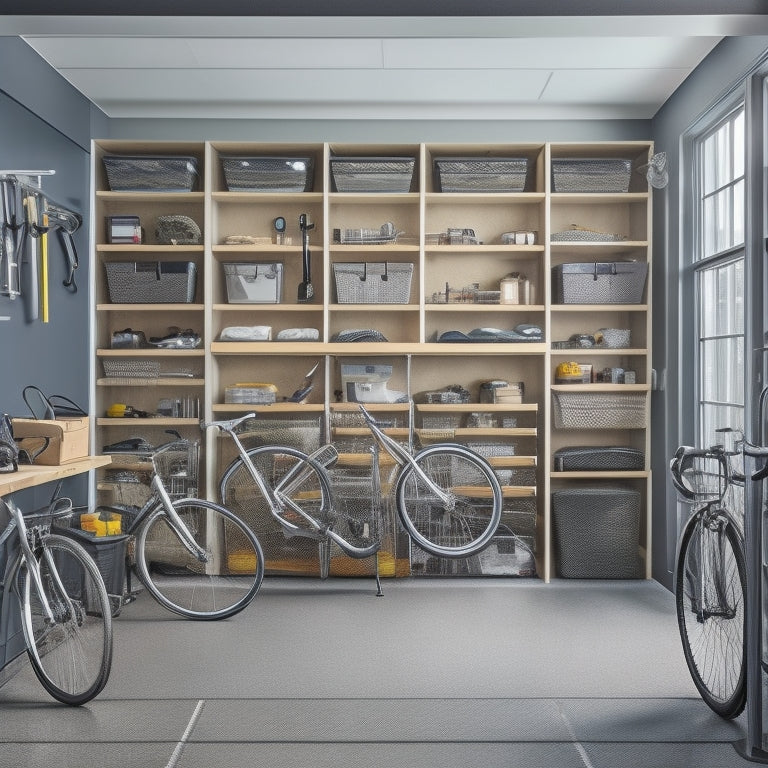 A well-organized garage with sleek, silver cabinets, adjustable shelving, and a slatwall with hooks, baskets, and bins, featuring a parked car and a few bicycles in the background, with natural light pouring in.