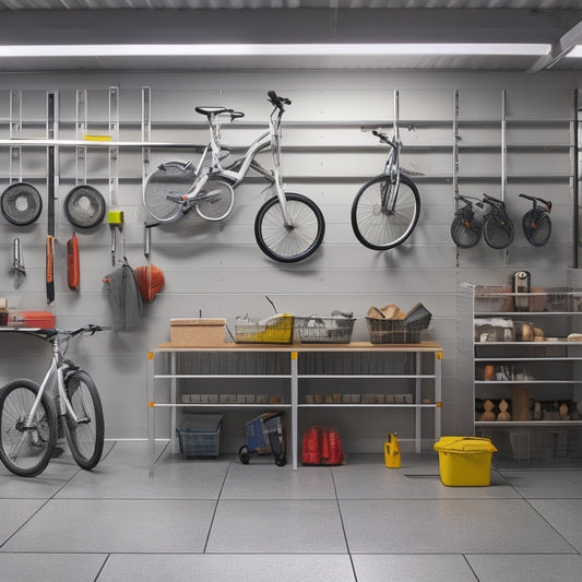 A well-organized garage with a sleek, silver pegboard on the wall, holding various tools and accessories, adjacent to a floor-to-ceiling shelving unit with labeled bins and a few hanging bicycles.