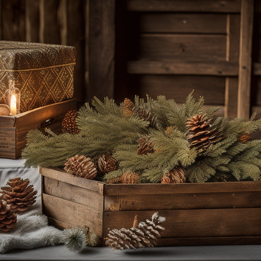 A warm, golden-lit still life featuring a vintage wooden crate, overflowing with rustic Christmas tags, pinecones, and evergreen sprigs, surrounded by twinkling candles and soft, snowflake-patterned fabric.