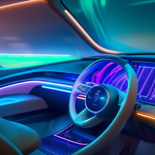 A futuristic dashboard with a large, curved screen displaying a swirling vortex of 1s and 0s, surrounded by sleek, minimalist car interior elements and subtle, pulsing LED lights.