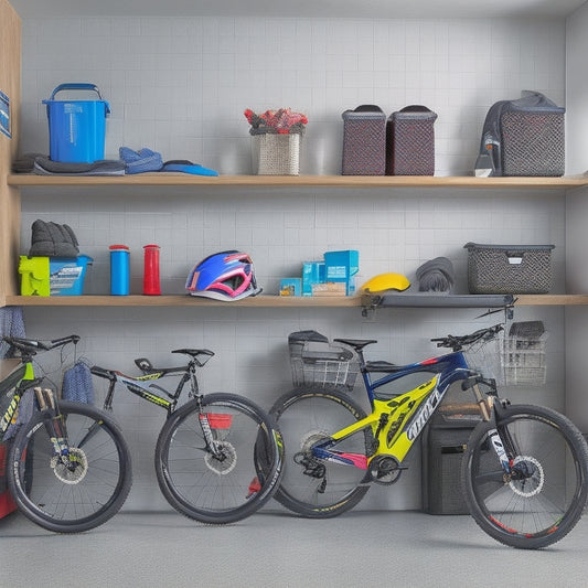 A clutter-free garage with a sleek, gray, modular shelving system, holding a mountain bike, helmet, and gloves, alongside neatly stacked bins labeled with colorful icons for camping, hiking, and climbing gear.