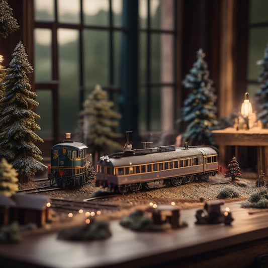 A warm, well-lit workshop with a freshly built model train layout on a wooden table, surrounded by scattered miniature trees, tracks, and tiny figurines, with a pair of hands proudly holding a small locomotive.