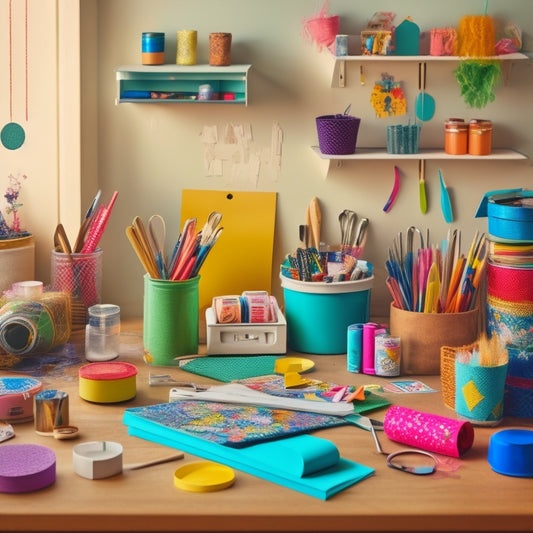 A colorful, clutter-free workspace with various craft tools and materials, including scissors, glue, paper sheets, colorful markers, and a half-finished sticker sheet with whimsical designs and patterns.
