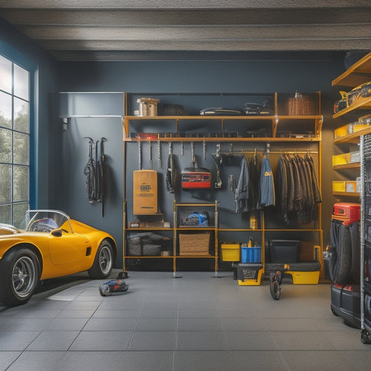 An organized garage with a few select tools hung on a pegboard, a few labeled storage bins on shelves, and a sleek, black sports car parked in the center, with open space around it.