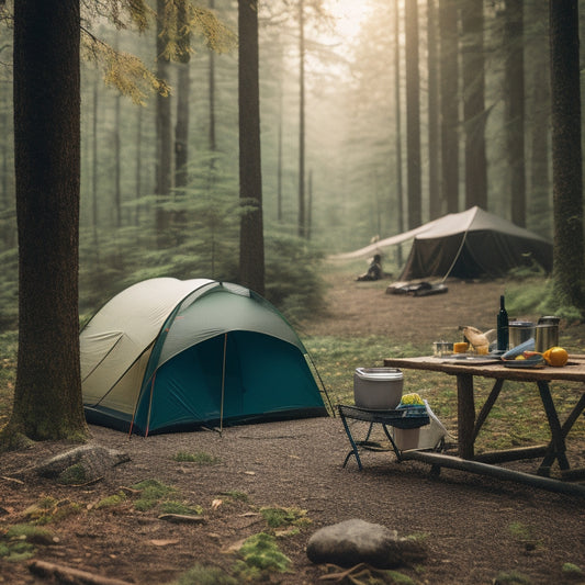 A serene forest scene with a neatly organized camping setup: a tidy tent, stacked coolers, and a color-coded gear rack, all surrounded by lush greenery and a few fallen leaves.