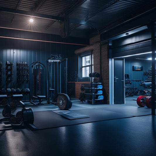 A dimly lit garage transformed into a sleek, modern gym, with a weightlifting platform, mirrored walls, and rows of shiny exercise equipment illuminated by overhead LED lights.