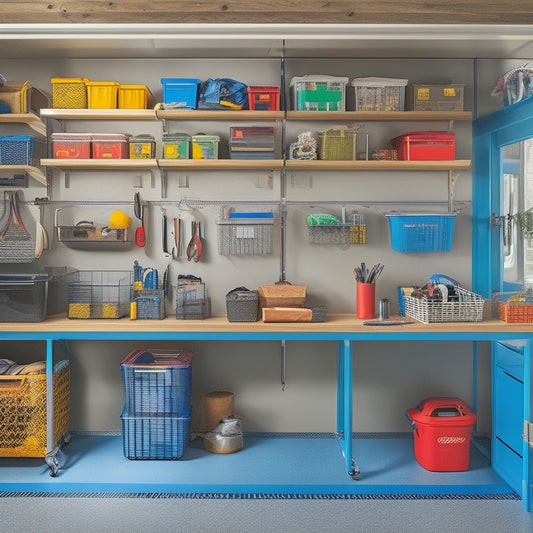 A well-organized garage with a slatwall featuring hooks, bins, and baskets, a workbench with a vice, a pegboard with tools, and a floor-to-ceiling storage system with labeled containers.