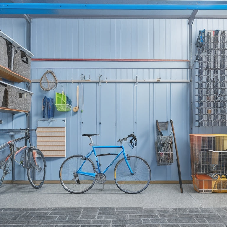 A clutter-free garage with a sleek, wall-mounted bike rack holding three bicycles, surrounded by neatly organized toolboxes, hooks, and bins, with a few strategically placed pegboards.
