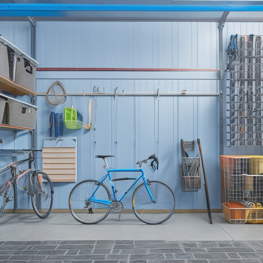 A clutter-free garage with a sleek, wall-mounted bike rack holding three bicycles, surrounded by neatly organized toolboxes, hooks, and bins, with a few strategically placed pegboards.