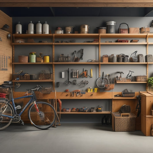 A well-organized garage with wooden shelves of varying heights, holding labeled bins, tools, and bicycles, surrounded by a clean concrete floor and a pegboard with hooks.