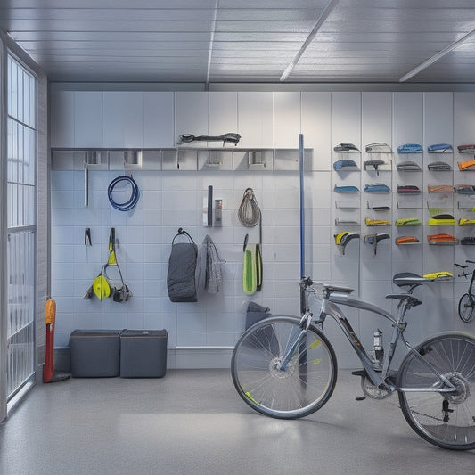 A well-lit, modern garage with sleek, silver wall panels, featuring retractable hooks, baskets, and shelves, holding organized tools and accessories, with a few bikes and sports equipment neatly stored in the background.