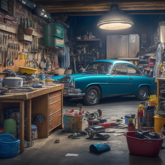 A cluttered small garage with tools scattered on the floor, a workbench cluttered with projects, and a car squeezed in, with a frustrated owner in the background, surrounded by chaos.