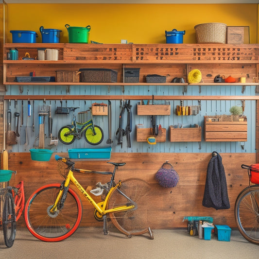 A clutter-free garage with a pegboard on the wall, holding various tools and accessories, and a DIY shelving unit made from reclaimed wood, with labeled storage bins and a few bikes hanging from the ceiling.