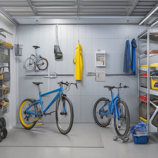 A well-lit, clutter-free garage with a sleek, silver bike lift suspended from the ceiling, holding two bicycles, alongside a row of neatly arranged bins and a pegboard with hanging tools and accessories.