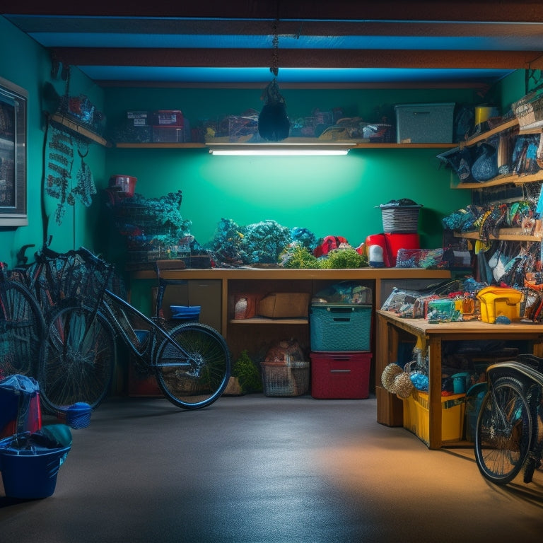 A dimly lit, cluttered garage with bikes, tools, and storage bins scattered haphazardly, a soccer ball and basketball lodged in a corner, and a car barely visible beneath a mess of boxes and seasonal decorations.