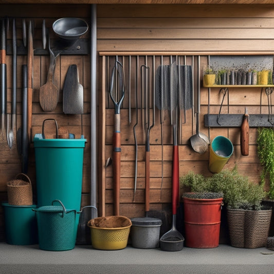 A well-organized garage with a slatted wooden wall, holding a variety of gardening tools, including a green hose, a rake, and a pruning shear, all neatly arranged on hooks and bins.
