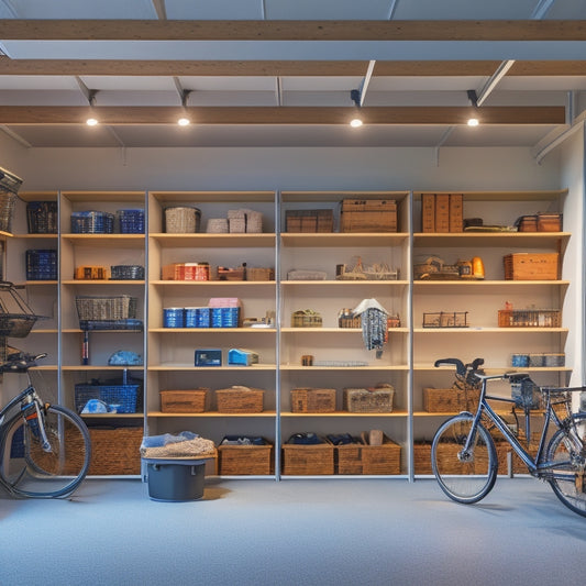 A sleek, modern garage interior with rows of wall-mounted shelves, baskets, and hooks, illuminated by natural light pouring in through a large window, with a few bicycles and tools neatly organized.