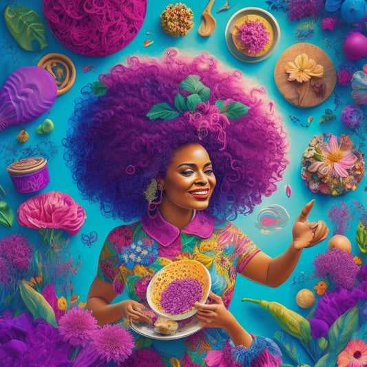 A vibrant, whimsical illustration featuring a stylized, curly-haired mom surrounded by swirling shapes and colors, with icons representing various topics (e.g., books, kitchen utensils, flowers) orbiting around her.