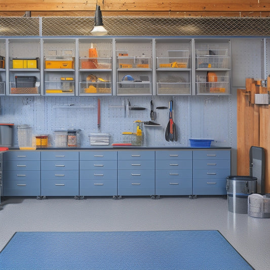 A clutter-free garage with a sleek, gray epoxy floor, featuring a pegboard with organized tools, a slatwall with baskets and bins, and a custom cabinetry system with labeled drawers.