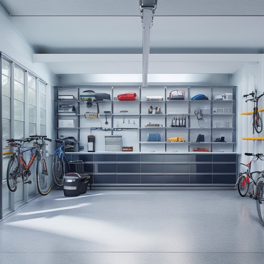 A clutter-free garage with sleek, silver storage units, hooks, and bins, alongside a polished, epoxy-coated floor, and a few well-organized tools and bikes suspended from the ceiling.