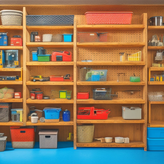 A clutter-free garage with a pegboard on the wall, holding various tools and accessories, alongside a DIY shelving unit made of wooden crates and pipes, with labeled baskets and bins.