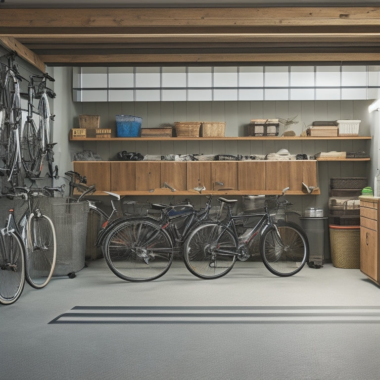 A clean and organized garage with a slatted wall system, bins, and baskets, a few bicycles hung from the ceiling, and a single car parked in the center, with a hint of natural light.