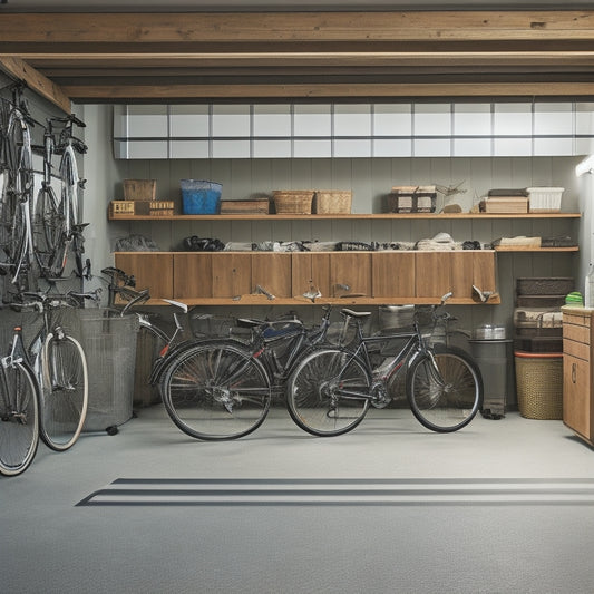 A clean and organized garage with a slatted wall system, bins, and baskets, a few bicycles hung from the ceiling, and a single car parked in the center, with a hint of natural light.