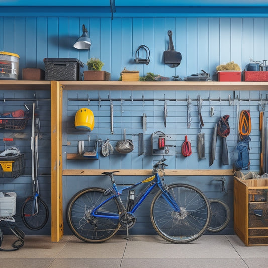 A clutter-free garage with a slatwall featuring hooks for hanging bikes, bins for storing tools, and a pegboard with organized rows of screwdrivers, wrenches, and pliers.