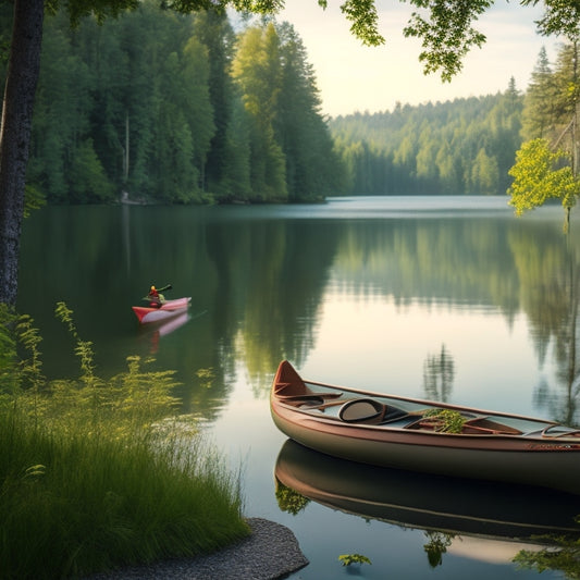 A serene lakeside scene with a kayak suspended horizontally from a sturdy, powder-coated steel hook on a wooden dock, surrounded by lush greenery and a few scattered leaves.