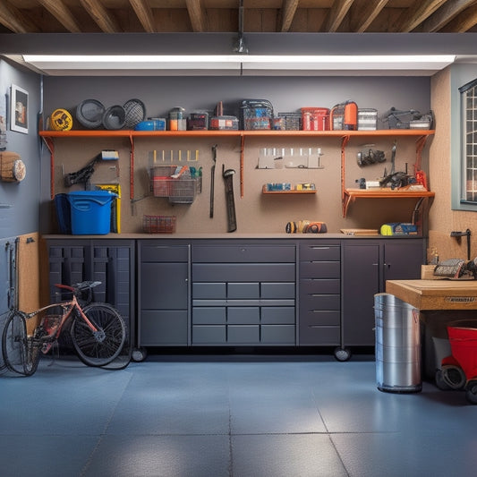 A well-lit, clutter-free garage interior with a slatwall holding various tools, a organized pegboard, and a few sleek cabinets, surrounded by a polished concrete floor and a few strategically placed bins.