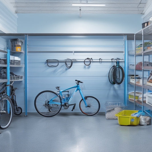 A well-organized garage with sleek, silver shelving units, holding various storage bins, tools, and bicycles, against a clean, gray concrete floor and a wall painted a soothing light blue.
