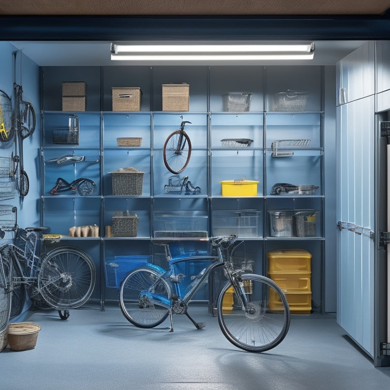 A well-organized garage with sleek metal cabinets, hooks holding bicycles, a pegboard with tools, and clear storage bins on shelves, all illuminated by a large window with a rolling shutter.