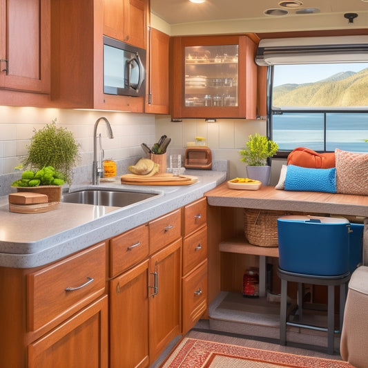 A clutter-free RV interior with a converted dinette table into a storage ottoman, baskets and bins labeled with icons, and a pull-out spice rack beneath a sleek, modern kitchen sink.