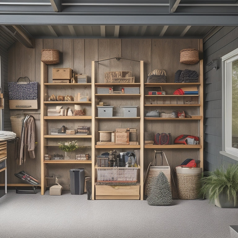A clutter-free garage with slatted shelving, labeled bins, and a pegboard with hooks, showcasing organized storage of seasonal items like patio furniture, winter clothing, and holiday decorations.