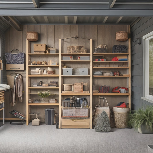 A clutter-free garage with slatted shelving, labeled bins, and a pegboard with hooks, showcasing organized storage of seasonal items like patio furniture, winter clothing, and holiday decorations.