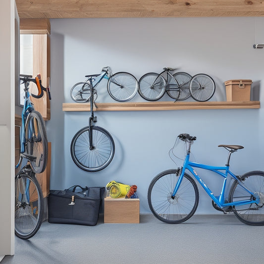 A clutter-free small garage with a sleek, wall-mounted bike rack holding three bicycles, adjacent to a compact shelving unit storing helmets and cycling gear.