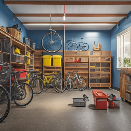 An cluttered garage with scattered tools, bicycles, and storage bins, contrasted with a tidy, organized space featuring a sleek, modern storage system with labeled bins and a clear walking path.