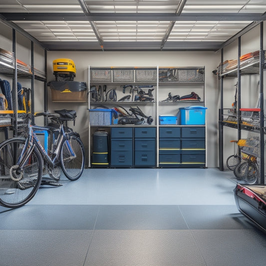 A clutter-free garage interior with a sleek epoxy-coated floor, organized toolboxes, and labeled storage bins on slatwall panels, surrounded by a few well-maintained bicycles and a shiny sports car.