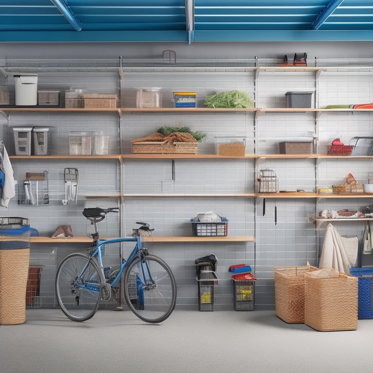 A clutter-free garage interior with a slatwall system, multiple bins and baskets, a pegboard with hooks, and a customized shelving unit with labeled containers, amidst bicycles, sports equipment, and toys.