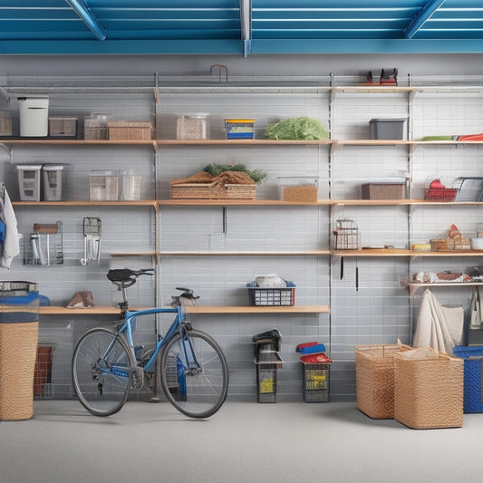 A clutter-free garage interior with a slatwall system, multiple bins and baskets, a pegboard with hooks, and a customized shelving unit with labeled containers, amidst bicycles, sports equipment, and toys.