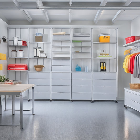 A bright, organized garage with modular closet systems in a sleek, white finish, featuring adjustable shelves, hanging rods, and storage bins, surrounded by a polished concrete floor and natural light.