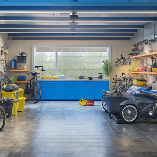 A well-lit, clutter-free garage with a sleek epoxy-coated floor, featuring a pegboard with neatly hung tools, labeled storage bins, and a car parked in the center with a few bikes suspended from the ceiling.
