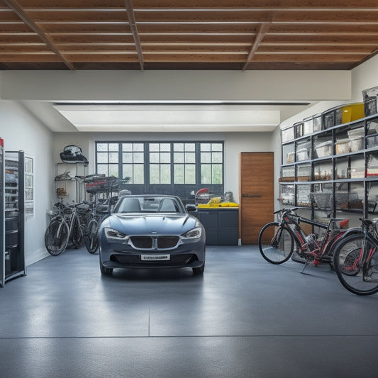 A spacious, well-lit garage with sleek, silver storage units and bins installed on walls and ceiling, bikes and tools organized, and a shiny, black sports car parked in the center.
