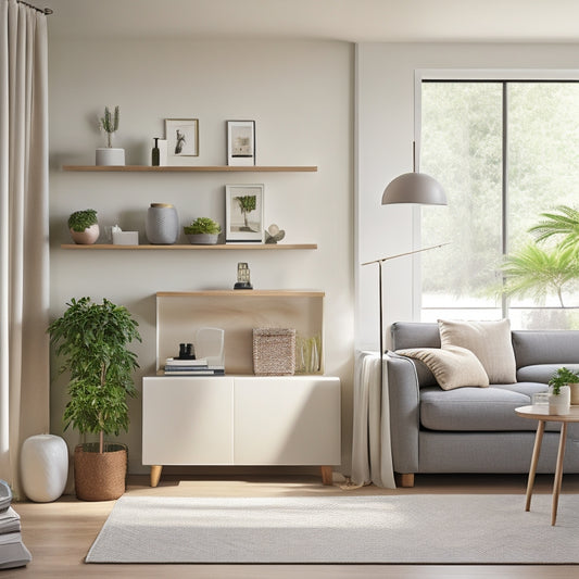 A serene, minimalist living room with a sleek, wall-mounted shelving unit, a storage ottoman, and a hidden desk with a sliding keyboard tray, surrounded by calming greenery and soft, natural light.