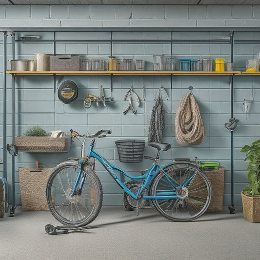 A well-organized garage with a pegboard system: hooks holding various tools, bins, and accessories, with a few bicycles and a lawn mower parked neatly in the background, surrounded by a clean, grey concrete floor.