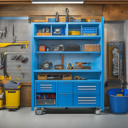 A well-organized garage with a pegboard holding wrenches, pliers, and screwdrivers, alongside a rolling tool chest with labeled drawers, and a wall-mounted tire storage rack holding four wheels.