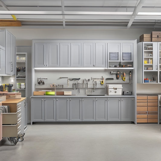 A well-organized garage with modular cabinets, drawers, and shelves in a sleek, gray-and-white color scheme, with a workbench in the center and various tools and equipment neatly stored.