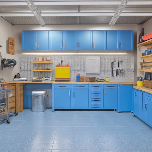 A well-organized garage with a gray epoxy floor, slatwall with hooks and bins, and a custom cabinetry system featuring a workstation, shelving units, and a pegboard with tools, set in a bright and airy atmosphere.